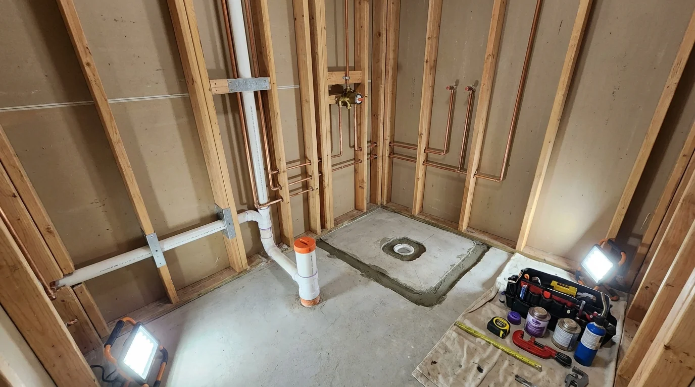 Bathroom rough-in plumbing during remodel by Johns Plumbing LLC in Logan