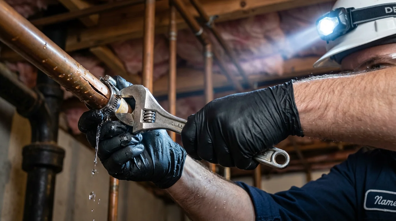 Emergency pipe clamp repair being performed by a Johns Plumbing LLC plumber in Logan