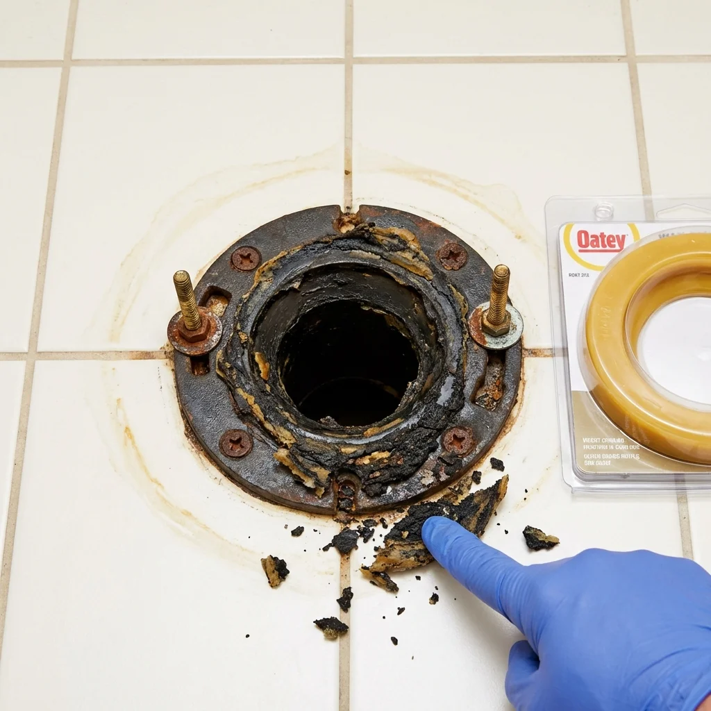 Failed wax ring showing water seepage at the base of a toilet in a Logan, WV home