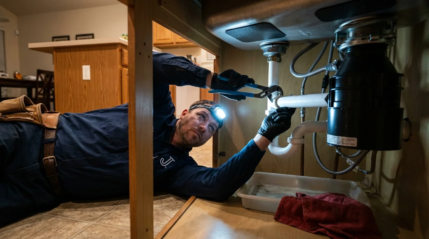 P-trap and supply line connections under a kitchen sink showing a common leak point in Logan, WV